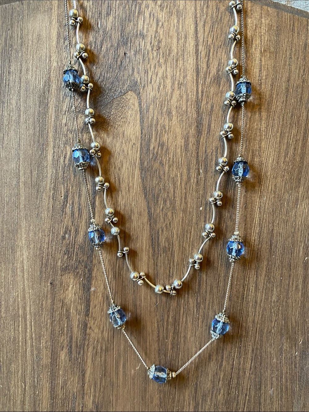 Silver tone Blue Glass station Bead Necklace and modern Bar & Ball bead necklace